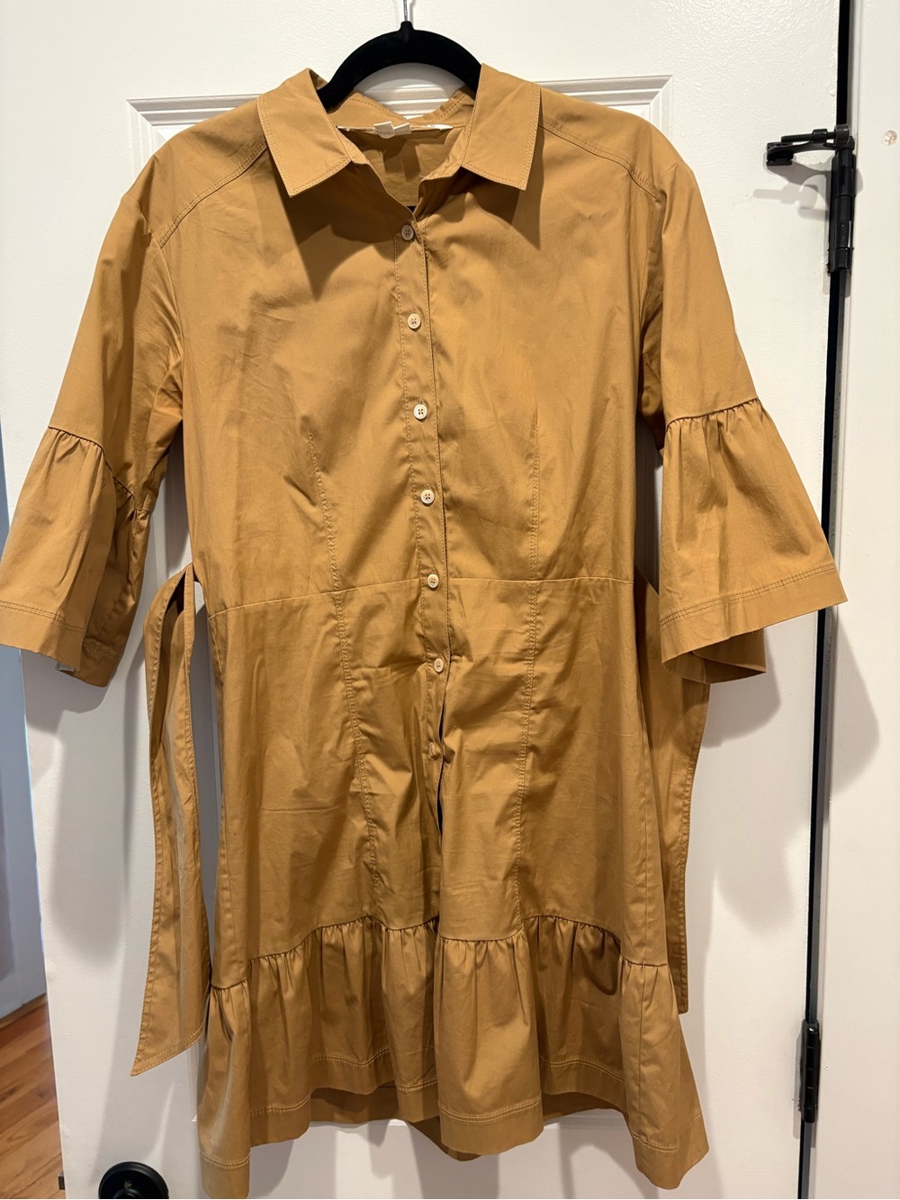 Veronica Beard Luriane Poplin Tie Waist Khaki Flounce Sleeve Cotton Dress - Picture 7 of 10